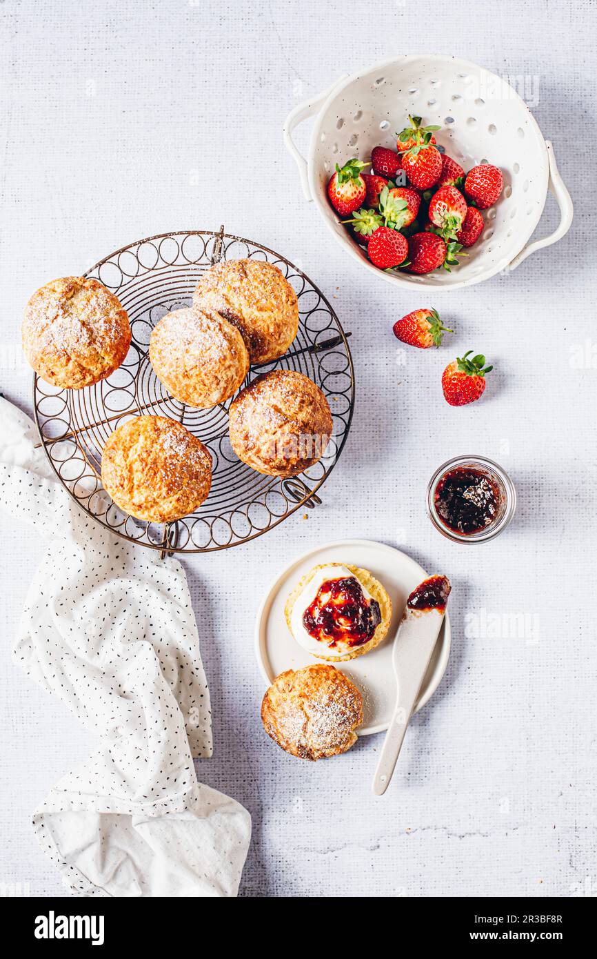 Klassische Scones mit Sahne und Erdbeermarmelade Stockfoto