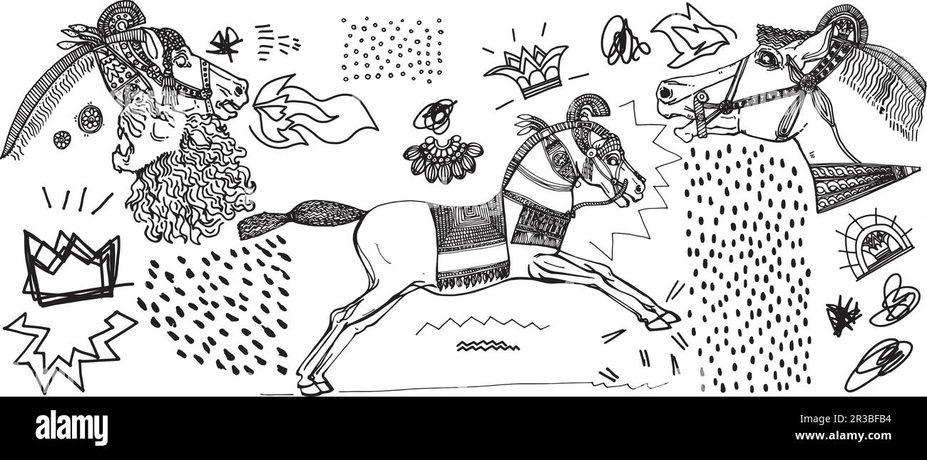 Grafikressourcen, zeitgenössischer Stil, handgezeichnete, von Mesopotamien inspirierte Illustrationen von Pferden. Strichzeichnung für T-Shirt-Muster, poste Stock Vektor