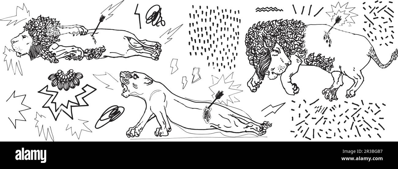 Grafikressourcen mit modernen Illustrationen, Löwen und handgezeichneten Grafikressourcen. Strichbildzeichnung für T-Shirt-Muster, Po Stock Vektor