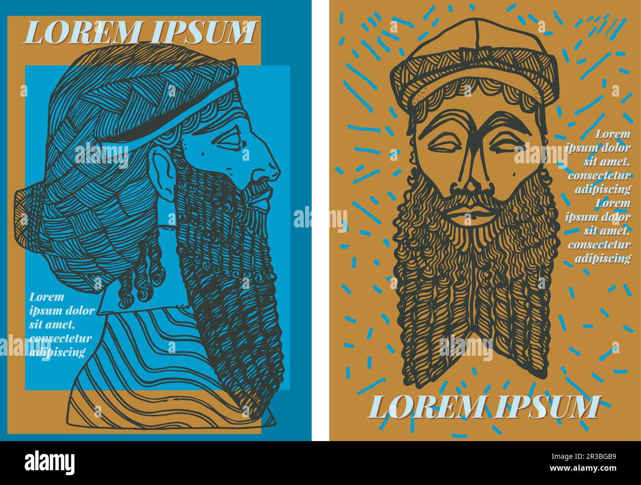 Grafikressourcen zweier von Mesopotamien inspirierter Designs. Echte Illustrationen klassischer Linienbüsten für T-Shirt-Muster, Poster, Aufkleber Stock Vektor