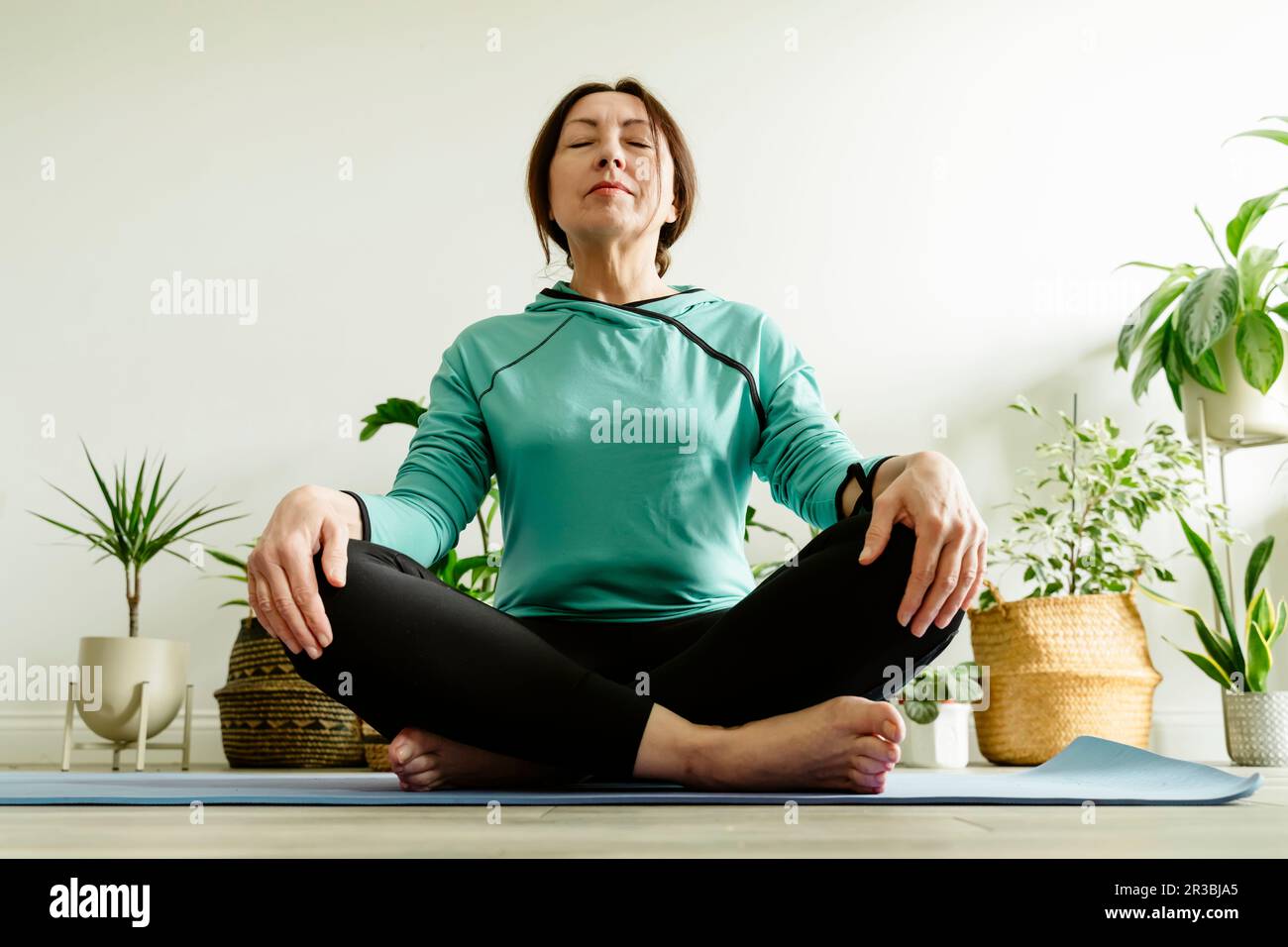 Reife Frau meditiert auf Yogamatte in der Nähe von Pflanzen Stockfoto