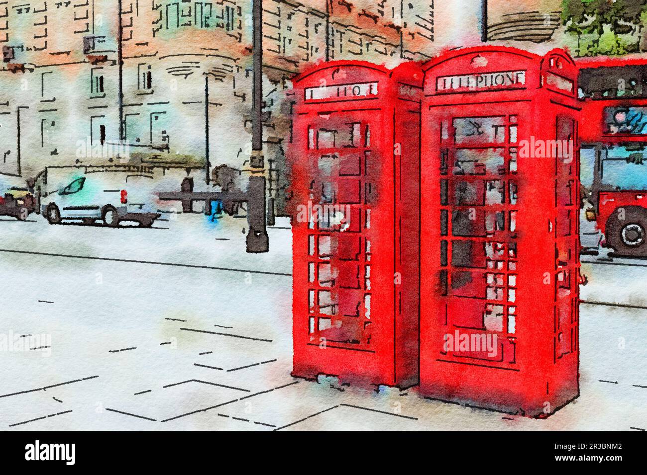 Aquarelldarstellung der roten Telefonzellen, London UK Stockfoto