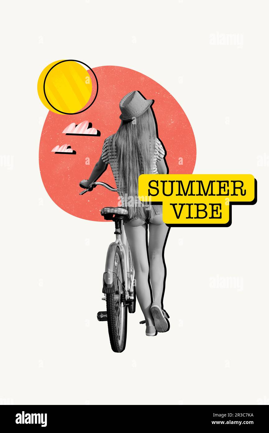 Malbanner Poster Collage der schönen Dame, die auf dem Landgelände fährt, genießen Sie die Sommersonne Stockfoto