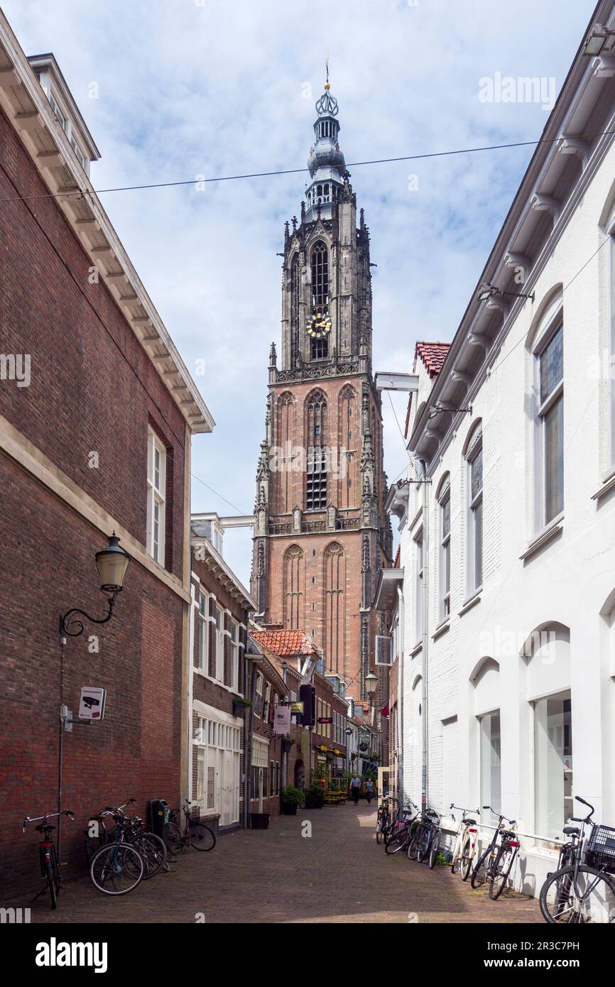 Onze-Lieve-Vrouwetoren (der Turm unserer Lieben Frau) aus Krankeledenstraat in der niederländischen Stadt Amersfoort, Niederlande, Europa. Stockfoto