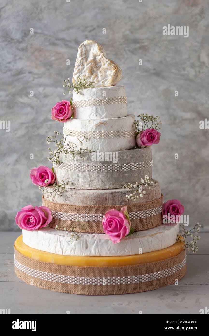 Cheese Wedding Cake – Käsekuchen, die als mehrstöckige Hochzeitstorte mit Rosenblüten angeordnet sind Stockfoto