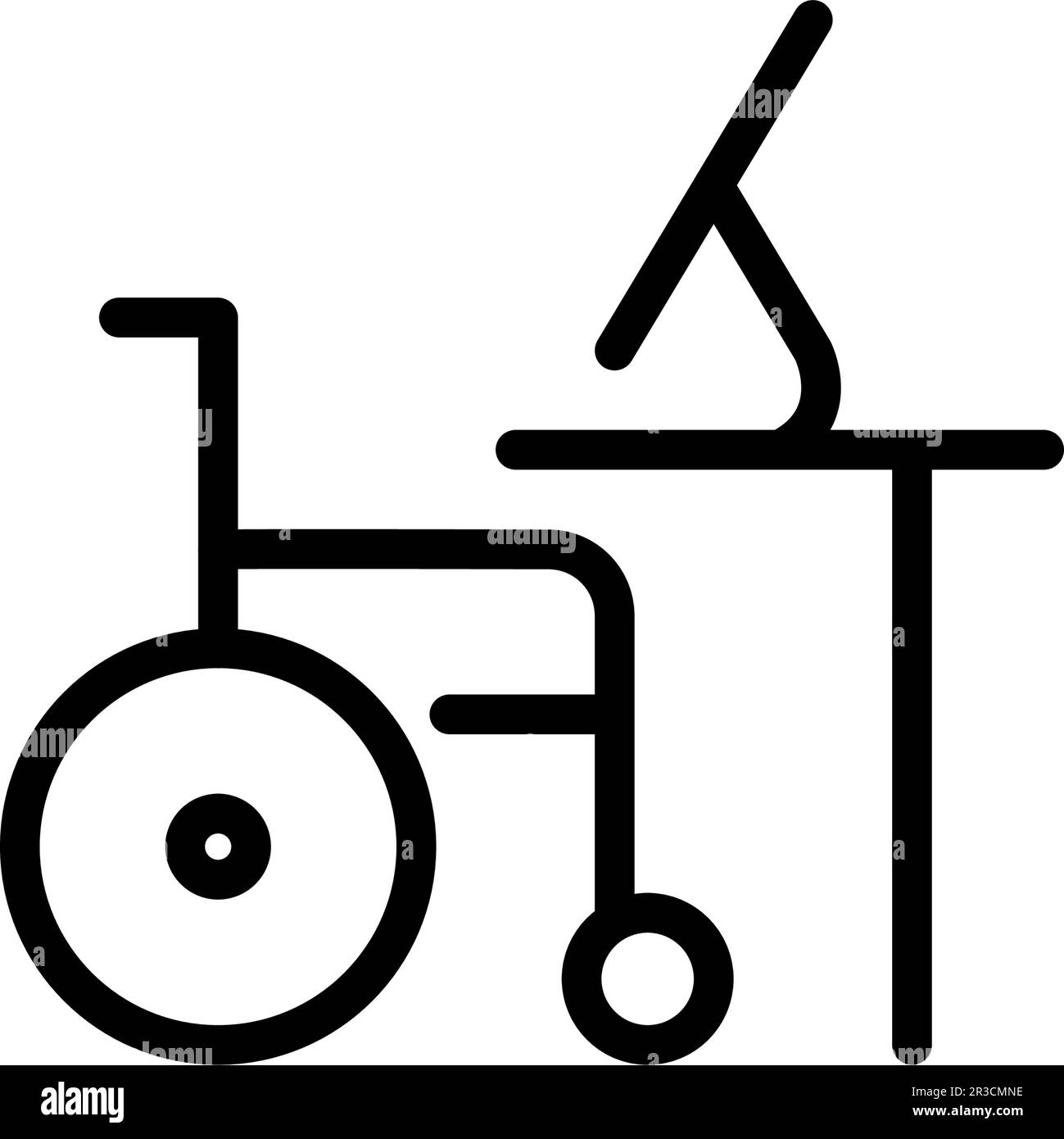 Arbeitsplatz mit Desktop-Computer. Rollstuhlgerechte Arbeitsumgebung. Pixelgenaue, bearbeitbare Kontur Stock Vektor