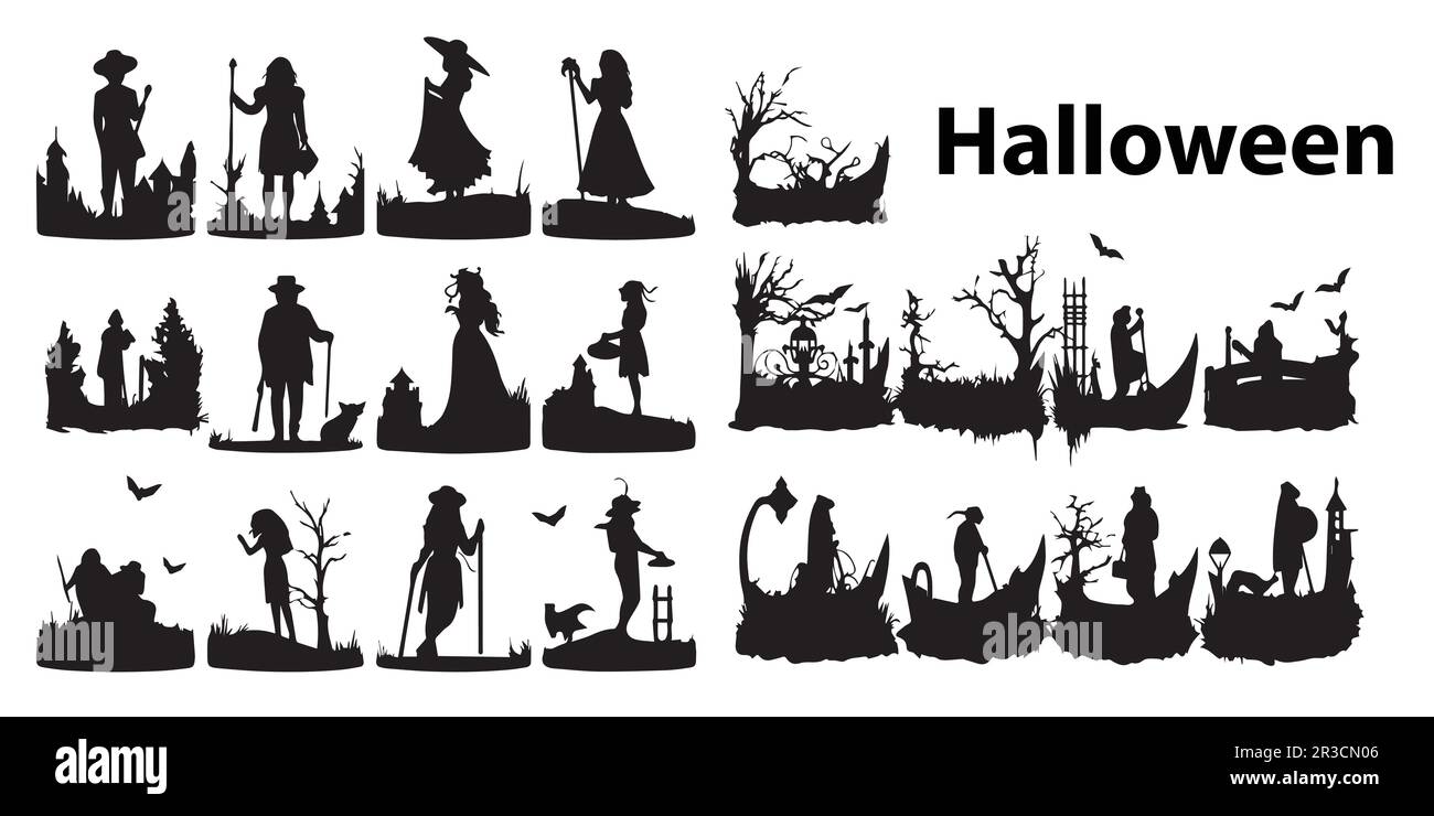 Eine Sammlung von Silhouetten von Halloween-Vektoren. Stock Vektor
