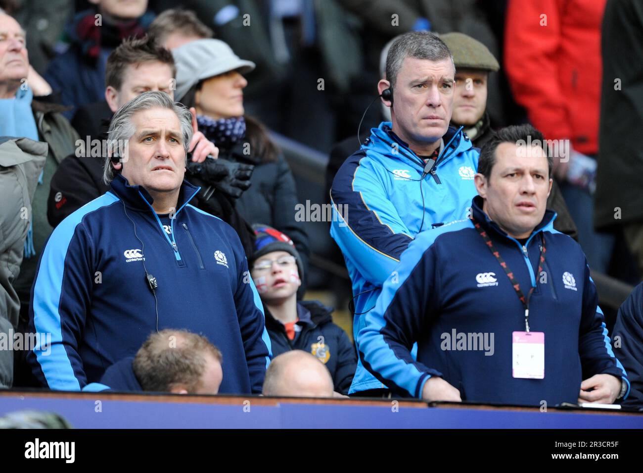 Das neue schottische Management-Team Scott Johnson und Dean Ryan schaut beim RBS 6 Nations Match zwischen England und Schottland auf der Twickenham on S vorbei Stockfoto