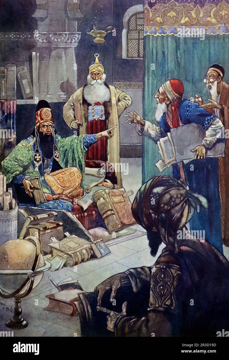 Von Rene Bull Farbe: Eine Gruppe weiser Männer, die sich streiten – oder streiten. Vom Rubaiyat von Omar Khayyam. Stockfoto