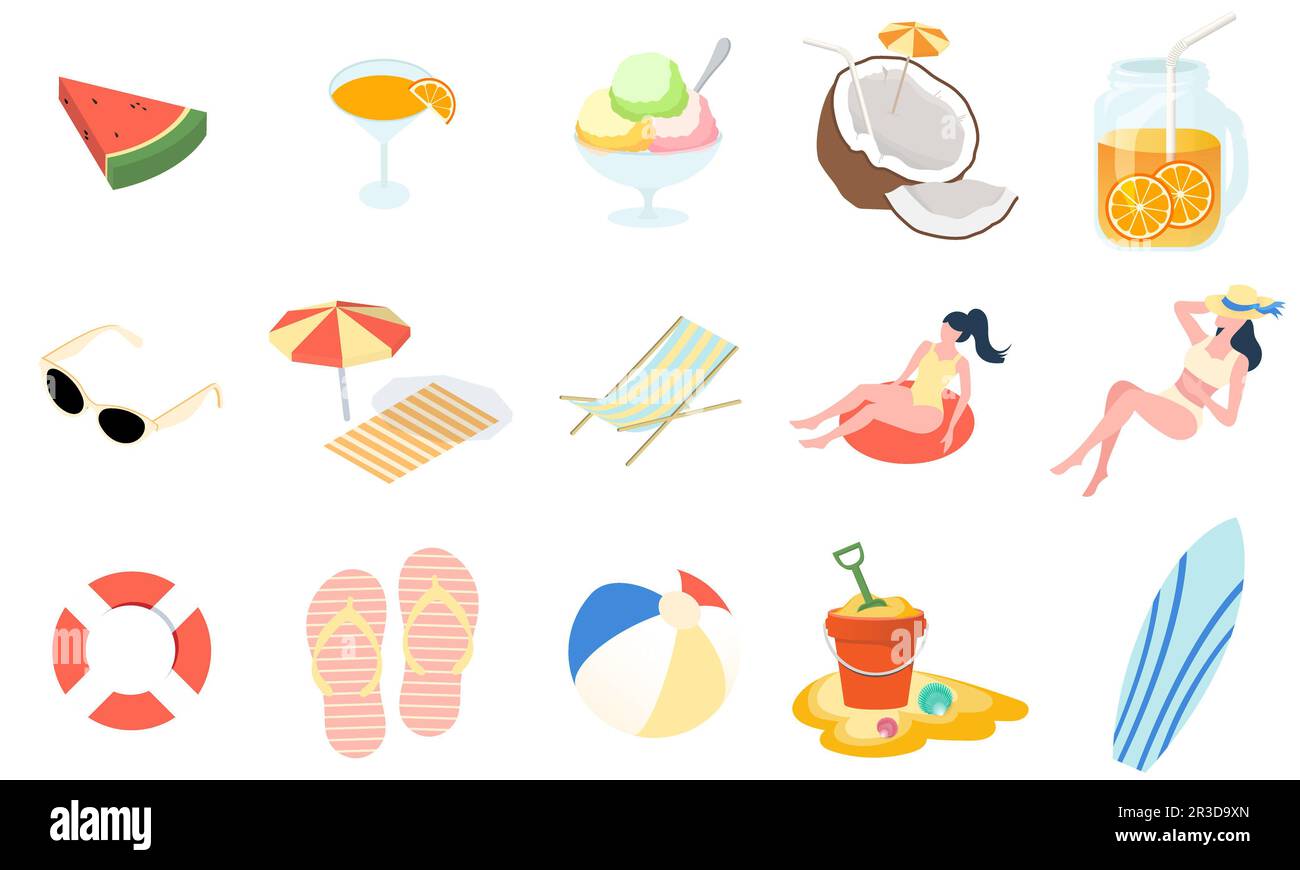 Set von Ikonen für Urlaub am Strand. Freizeit im Sommer. Isometrisches Zubehör und Gegenstände für Aktivitäten im Freien am Strand isoliert auf weißem Hintergrund. Stockfoto