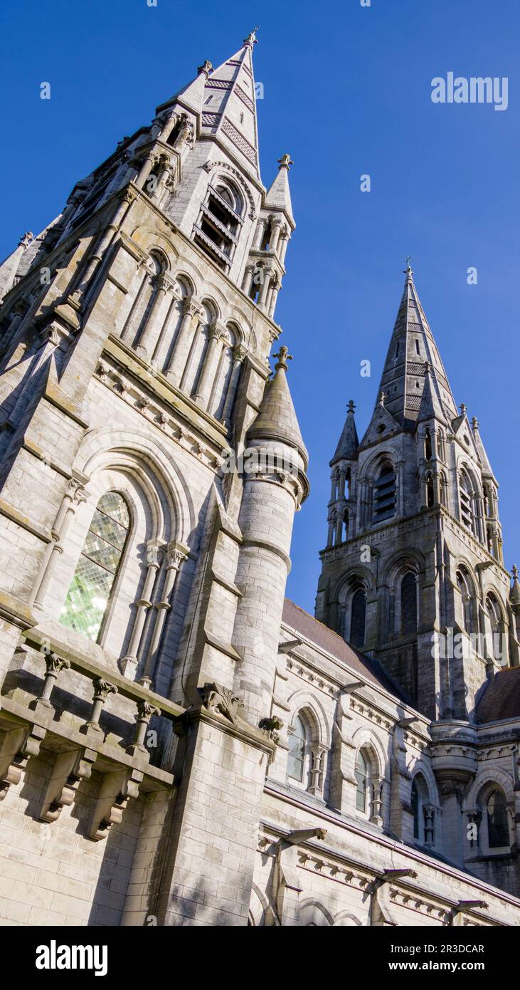 Der hohe gotische Turm einer anglikanischen Kirche in Cork, Irland. Neogotische christliche Architektur. Kathedrale St. Fin Barre, Cork - eine von Irela Stockfoto