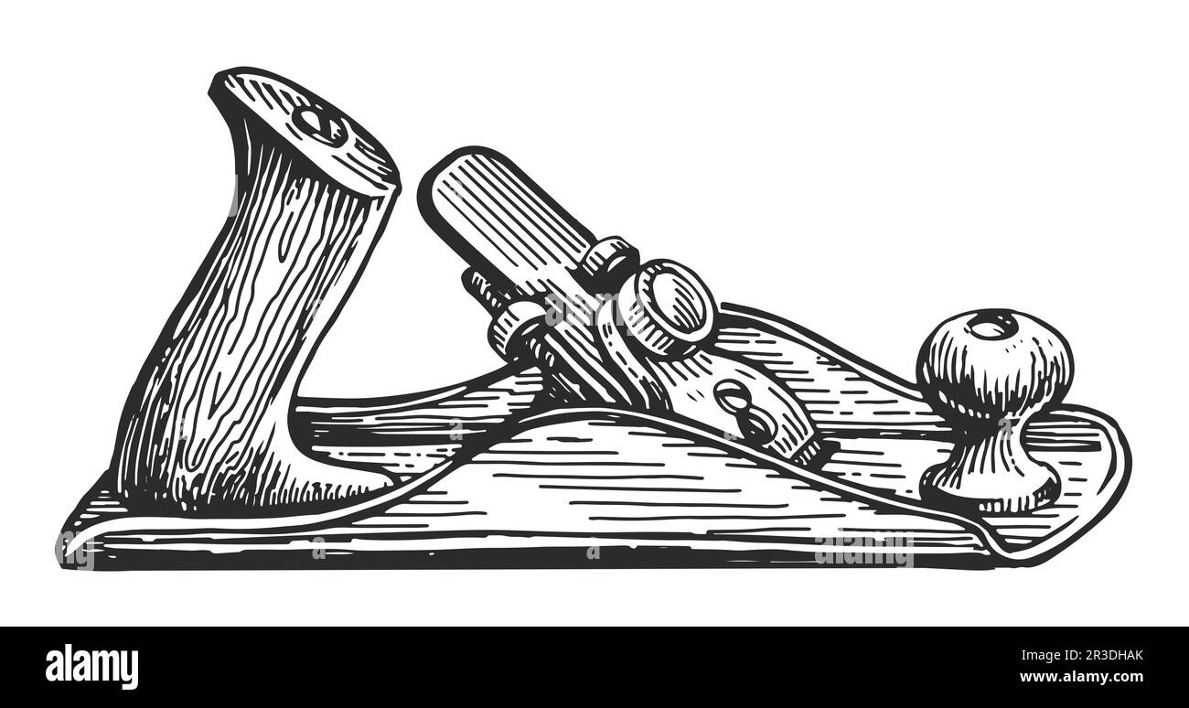 Skizze der manuellen Ebene. Ausrüstung für die Holzverarbeitung und die Herstellung von Möbeln. Handwerker im Vintage-Stil Stockfoto