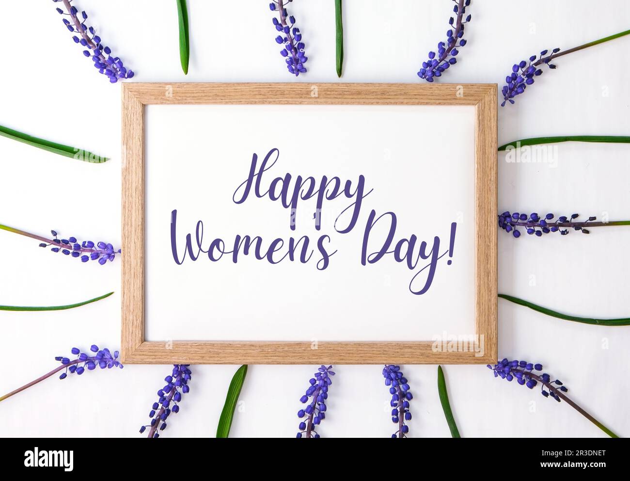 HAPPY WOMENS DAY Postkartenlayout. Flach liegend, Draufsicht. Blaue Hyazinthen in quadratischer Reihenform. Grußkarte für Urlaub. Trauben-Hyaci Stockfoto