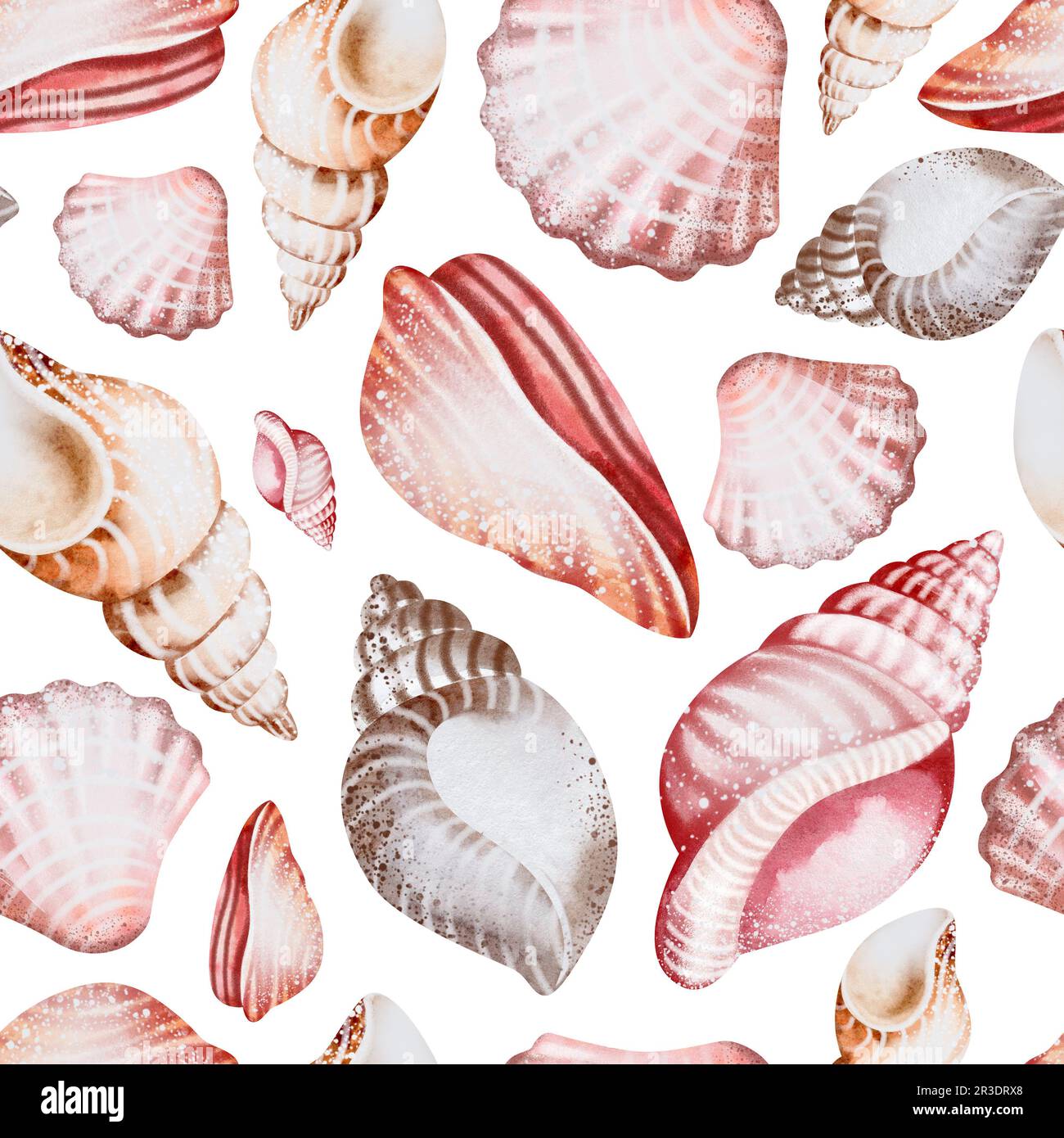 Nahtloses, wasserfarbenes Meeresmuster mit Muscheln. Nahtloses Aquarell-Muster. Hintergrund von meerfarbenen Muscheln. Für Stoff, Textil Stockfoto