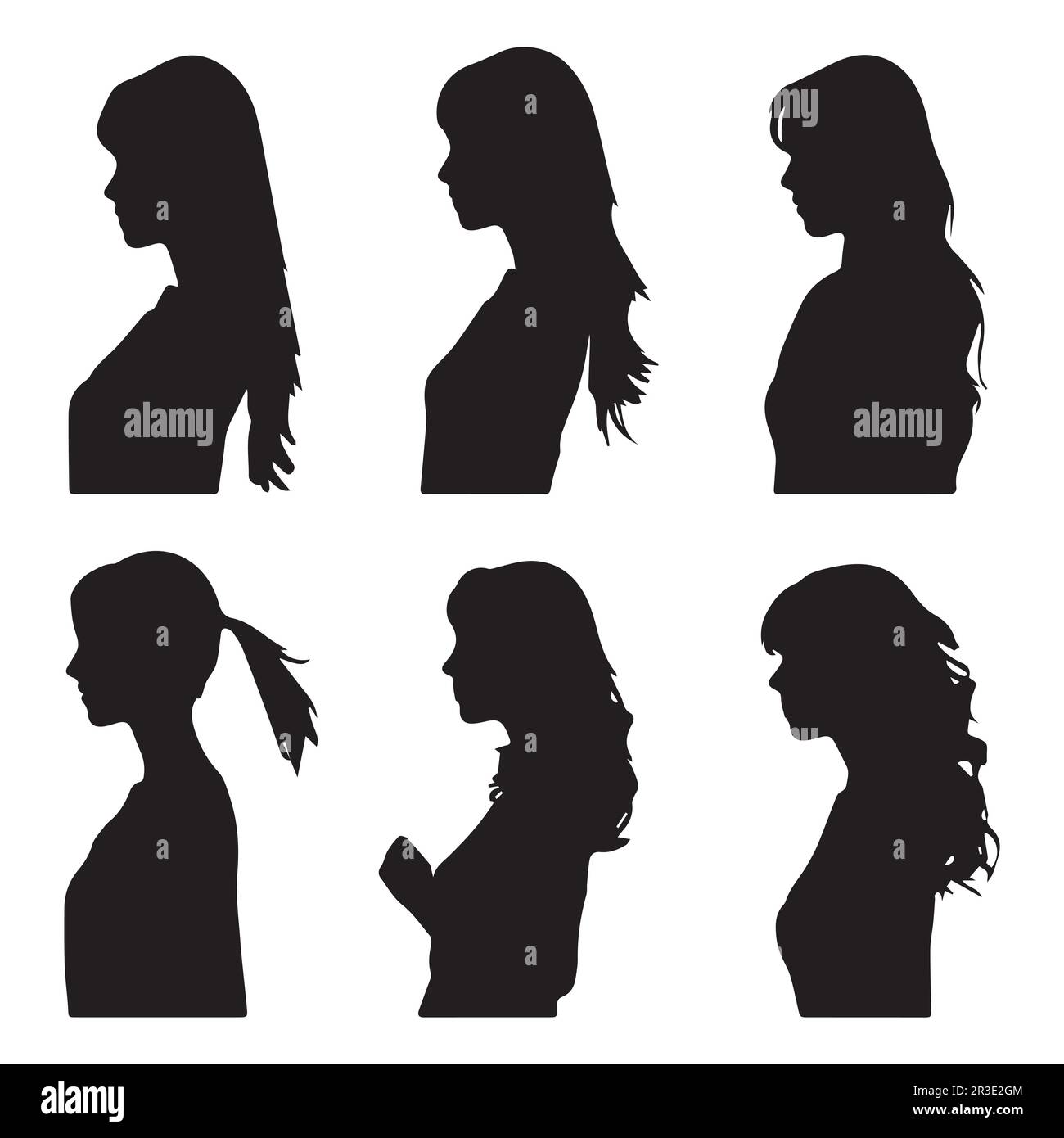 Eine Reihe von Silhouetten von Frauen mit verschiedenen Haartypen. Stock Vektor