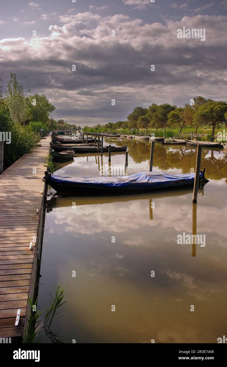 Kleine Boote, die darauf warten, in der Albufera von Valencia Spanien angeln zu gehen. Stockfoto