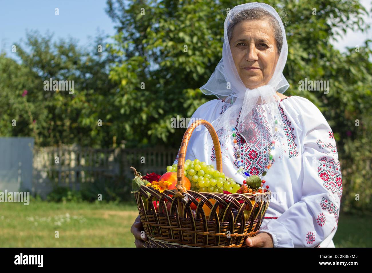 Großmutter hält einen ganzen Obstkorb in den Händen im Sommerhof Stockfoto