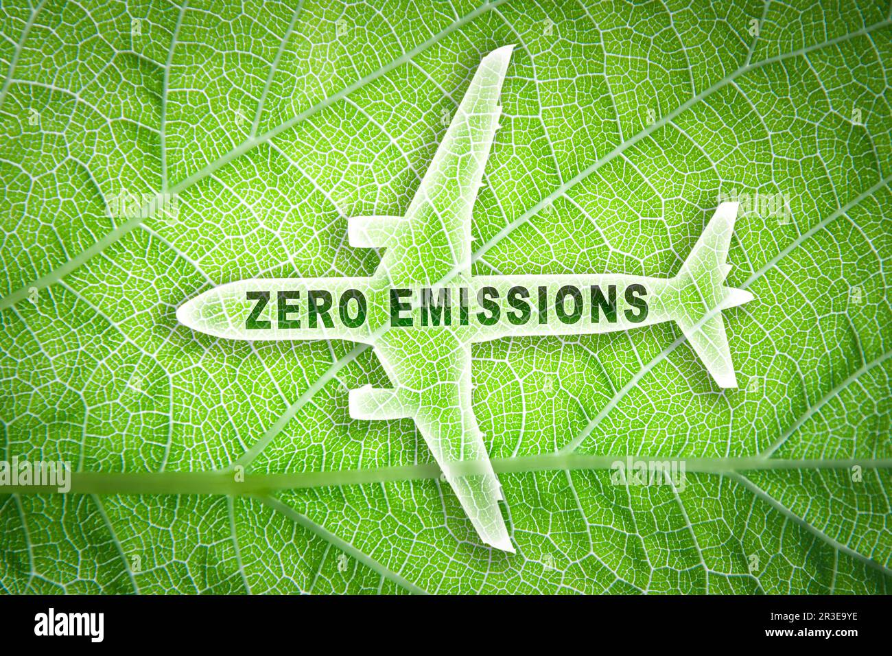 Symbol eines kommerziellen Flugzeugs mit den Worten „keine Emissionen“ und einer Blattstruktur im Hintergrund. Stockfoto