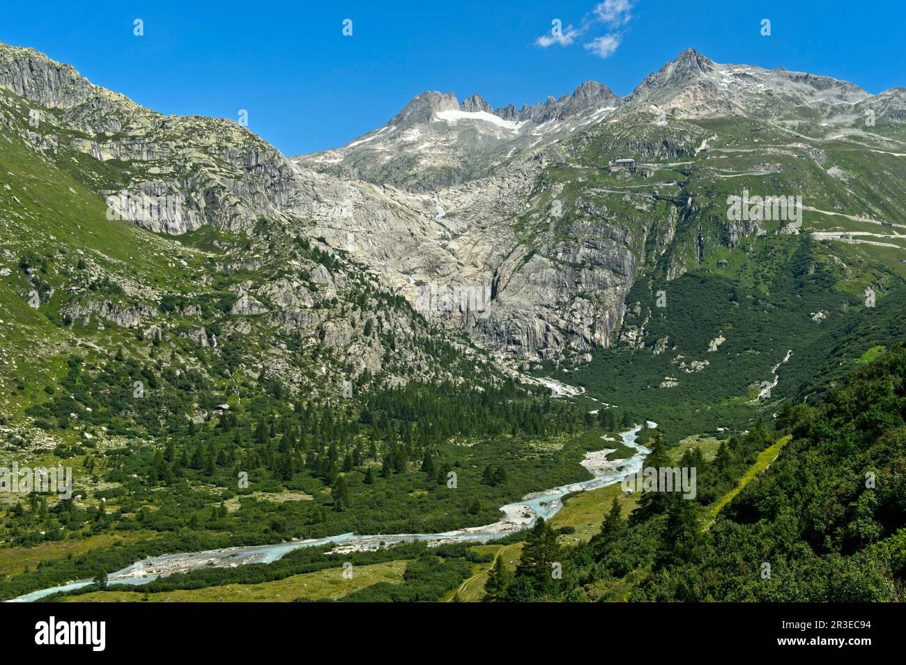 Das eisfreie Bett des Rhone-Gletschers und der jungen Rhone am Furka-Pass, Gletsch, Wallis, Schweiz Stockfoto