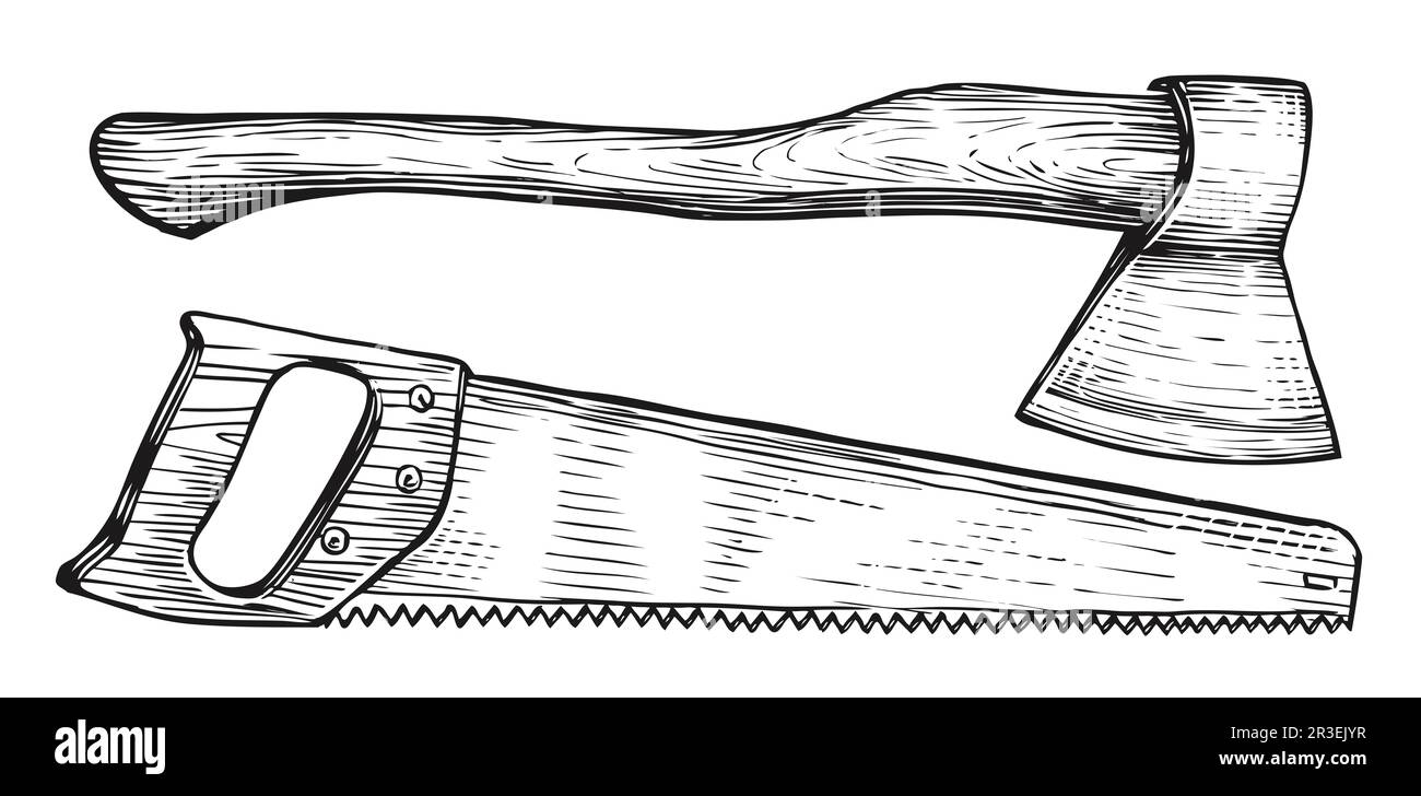 Zeichnung von AX und Handsäge. Holzbearbeitungsausrüstung. Handwerker im Vintage-Stil Stockfoto