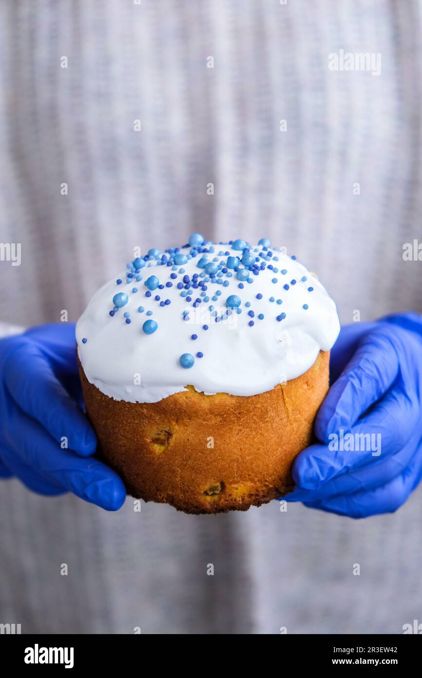 Die Hände des Kochs in blauen Handschuhen halten den Osterkuchen mit ...
