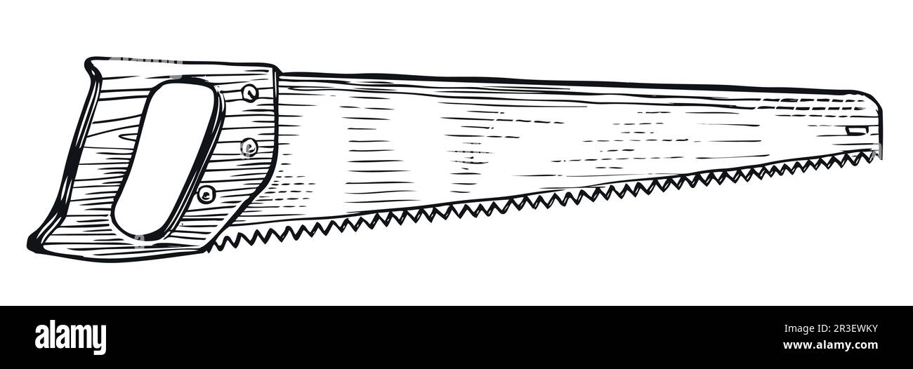 Handgezeichnete Skizze einer Handsäge. Holzbearbeitungswerkzeug. Detaillierte Zeichnung im Vintage-Ätzstil. Darstellung des Sägevektors Stock Vektor