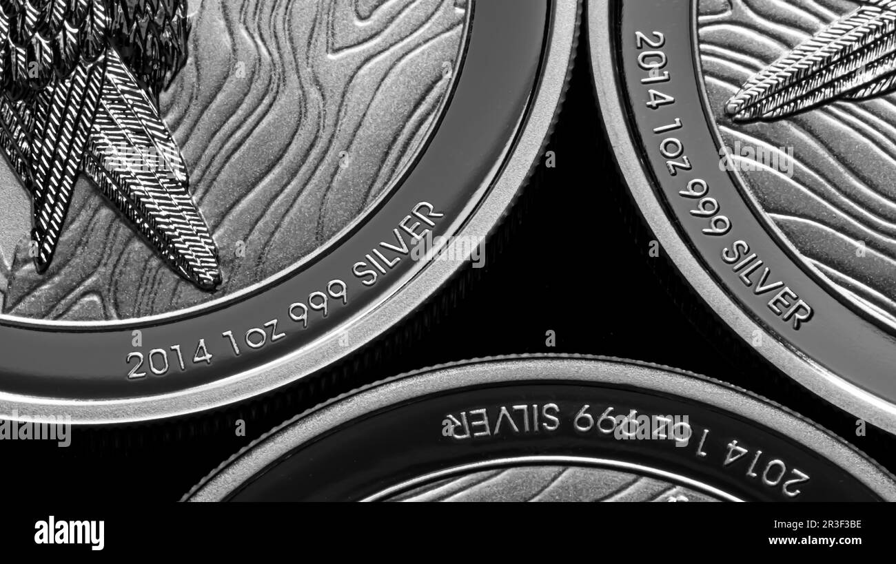 Nahaufnahme der Silver Bullion Coin auf schwarzem Spiegelhintergrund Stockfoto
