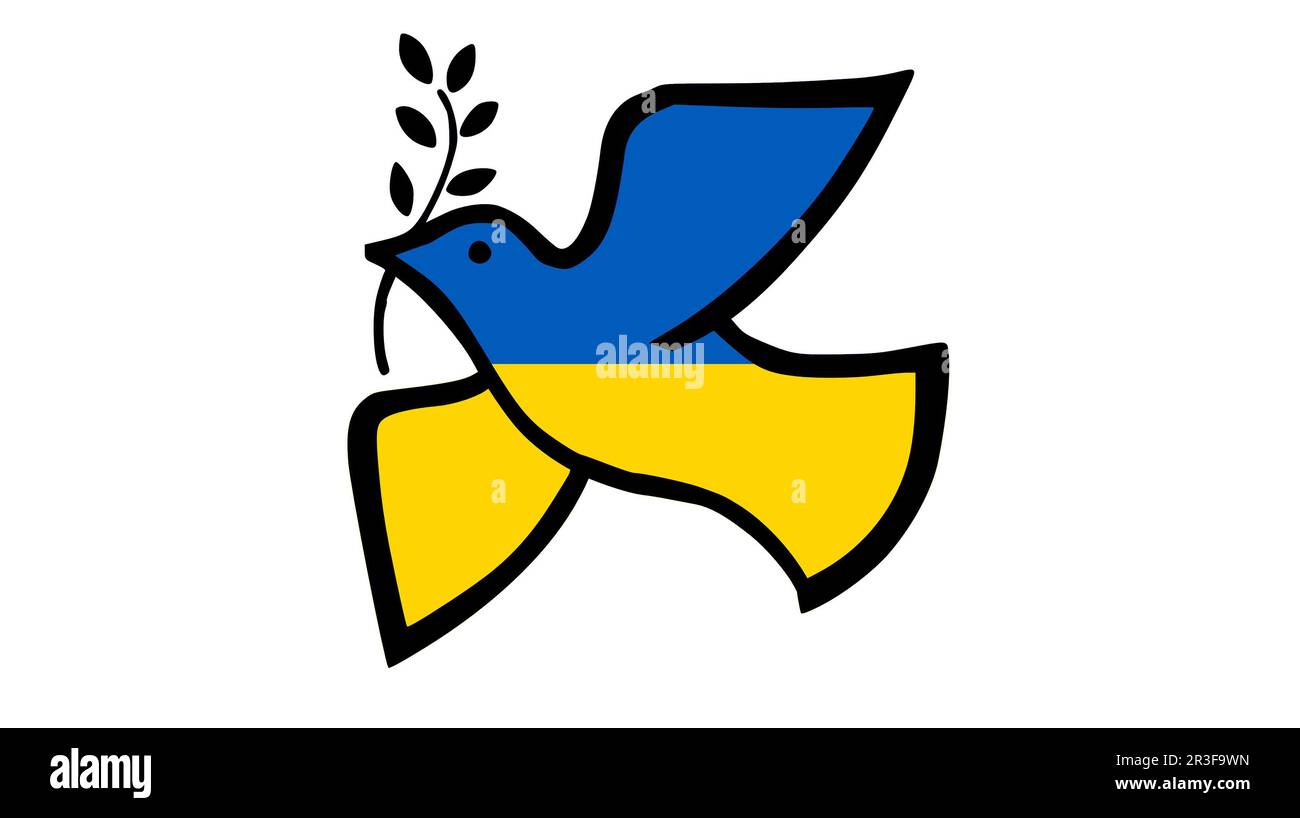 Friedenstaubenkonzept für den Krieg zwischen Russland und der Ukraine mit Nationalflagge Stockfoto