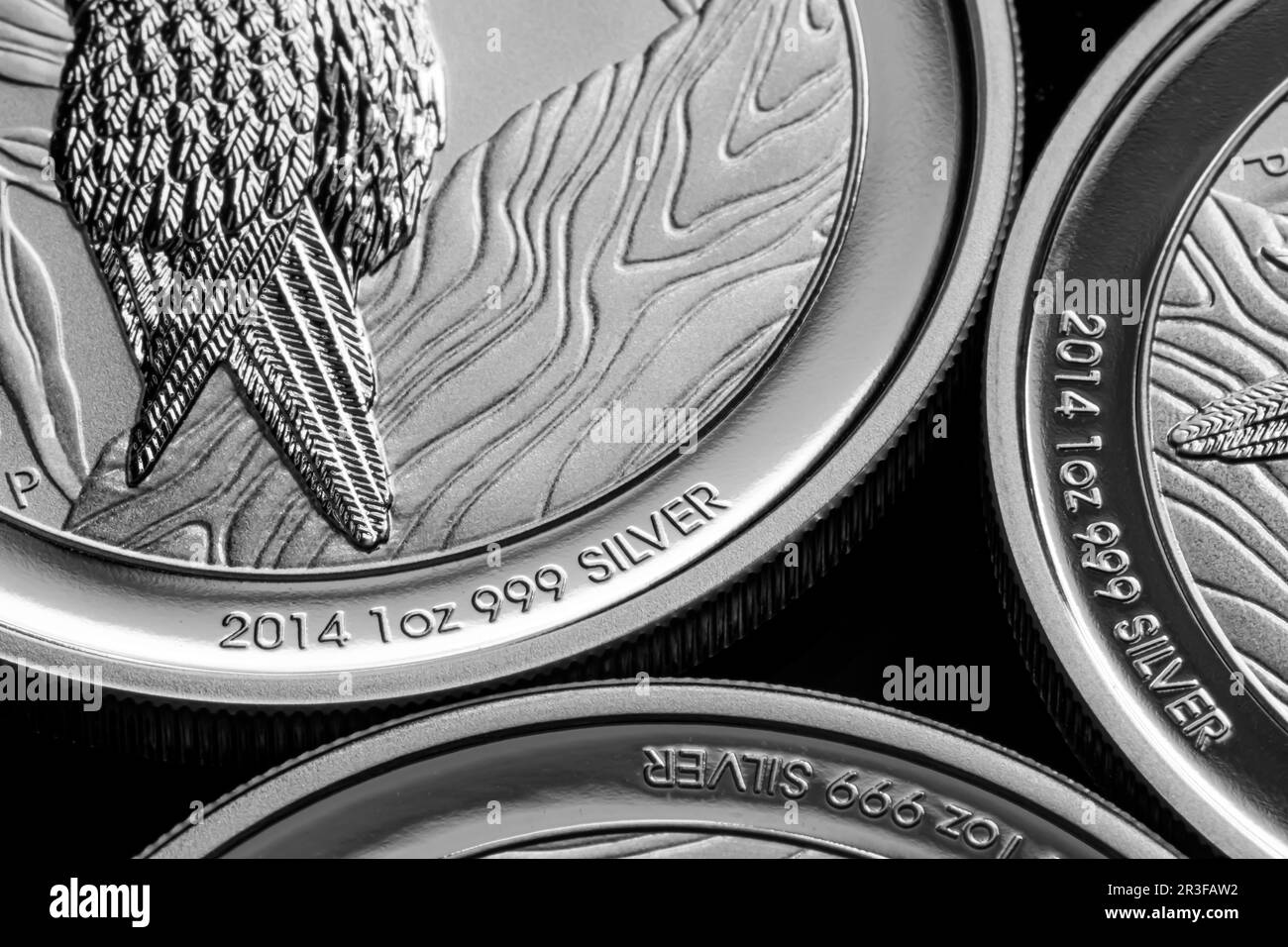 Nahaufnahme der Silver Bullion Coin auf schwarzem Spiegelhintergrund Stockfoto