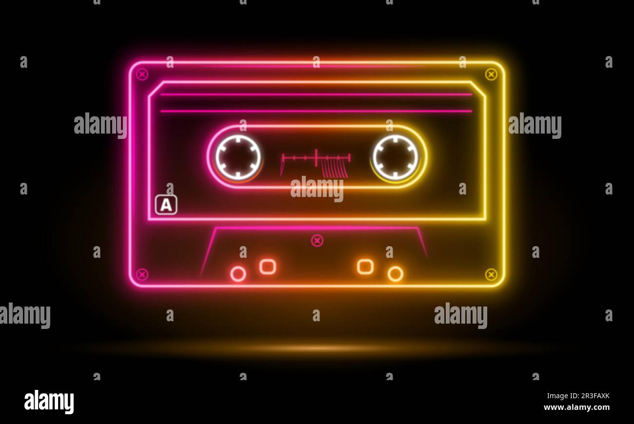 Leuchtende Neon-Retro-Musiccasette im Stil der Achtziger, Kassette, Vektorbild-Illustration, Mix-Tape-Retro-Kassettendesign, Musik-Vintage Stock Vektor