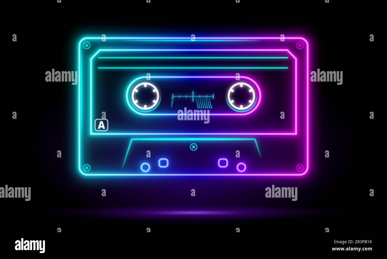 Leuchtende Neon-Retro-Musiccasette im Stil der Achtziger, Kassette, Vektorbild-Illustration, Mix-Tape-Retro-Kassettendesign, Musik-Vintage Stock Vektor