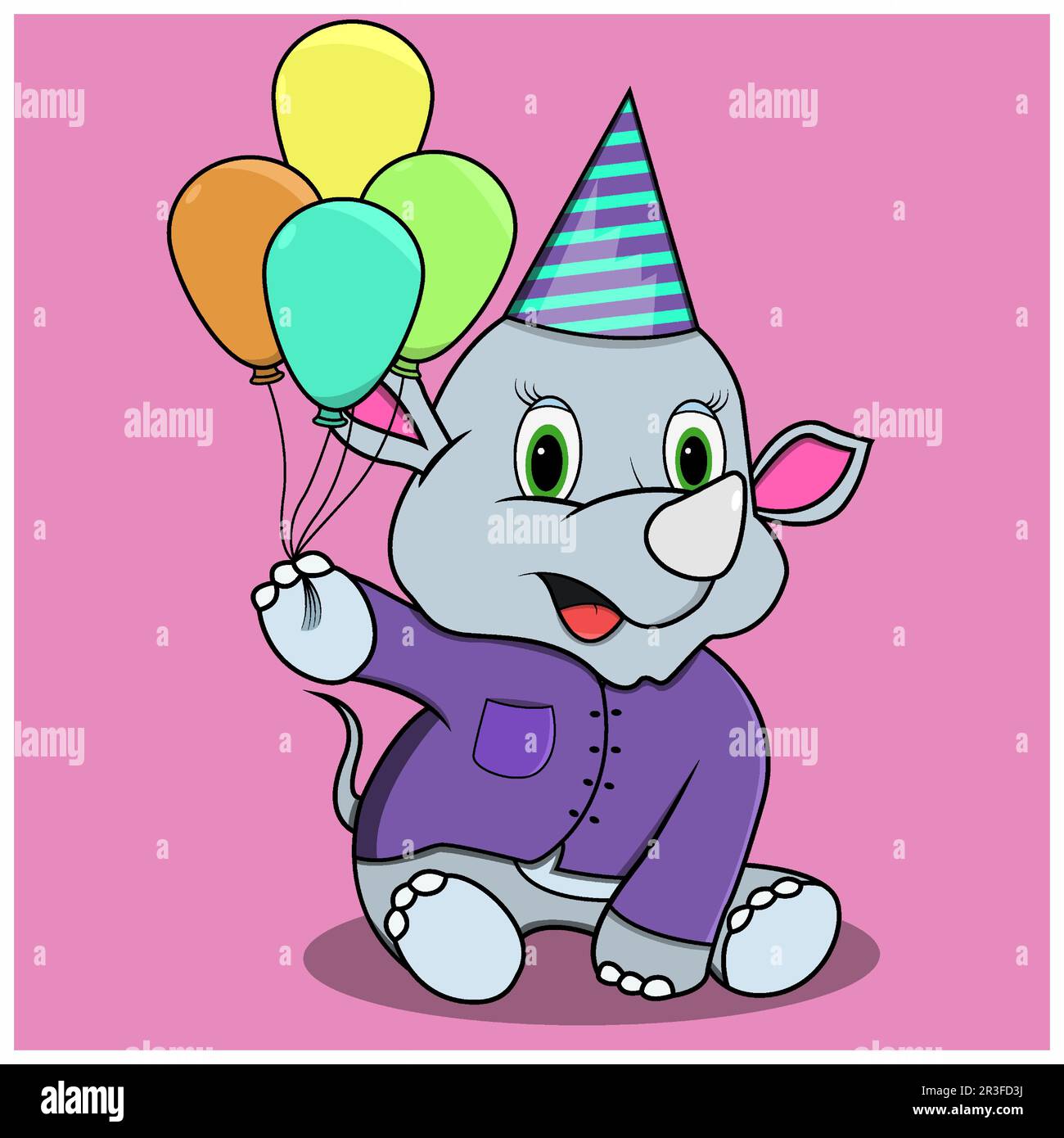 Charaktere Rhinozeros mit vier Ballons, rosafarbener Hintergrund, Maskottchen, Symbol, Charakter oder Logo, Vektor und Illustration Stock Vektor