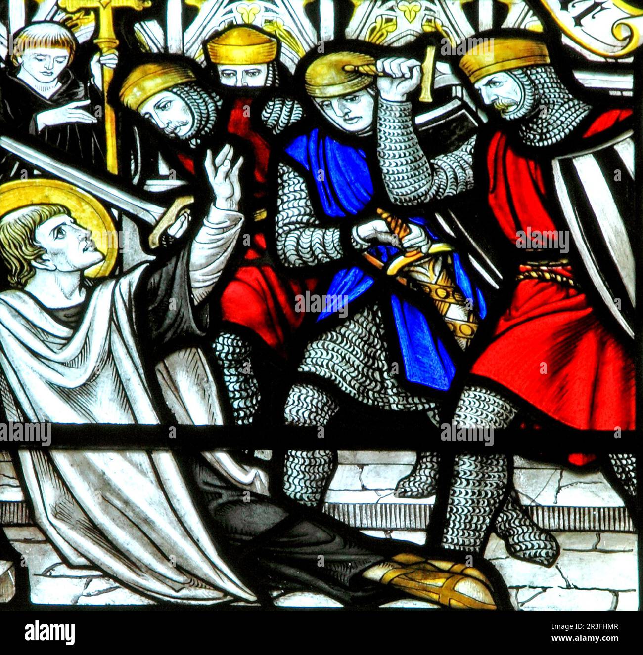 Martyrium, Mord an Thomas a Becket, in der Kathedrale von Canterbury, Glasfenster, Blakeney, Norfolk, England Stockfoto