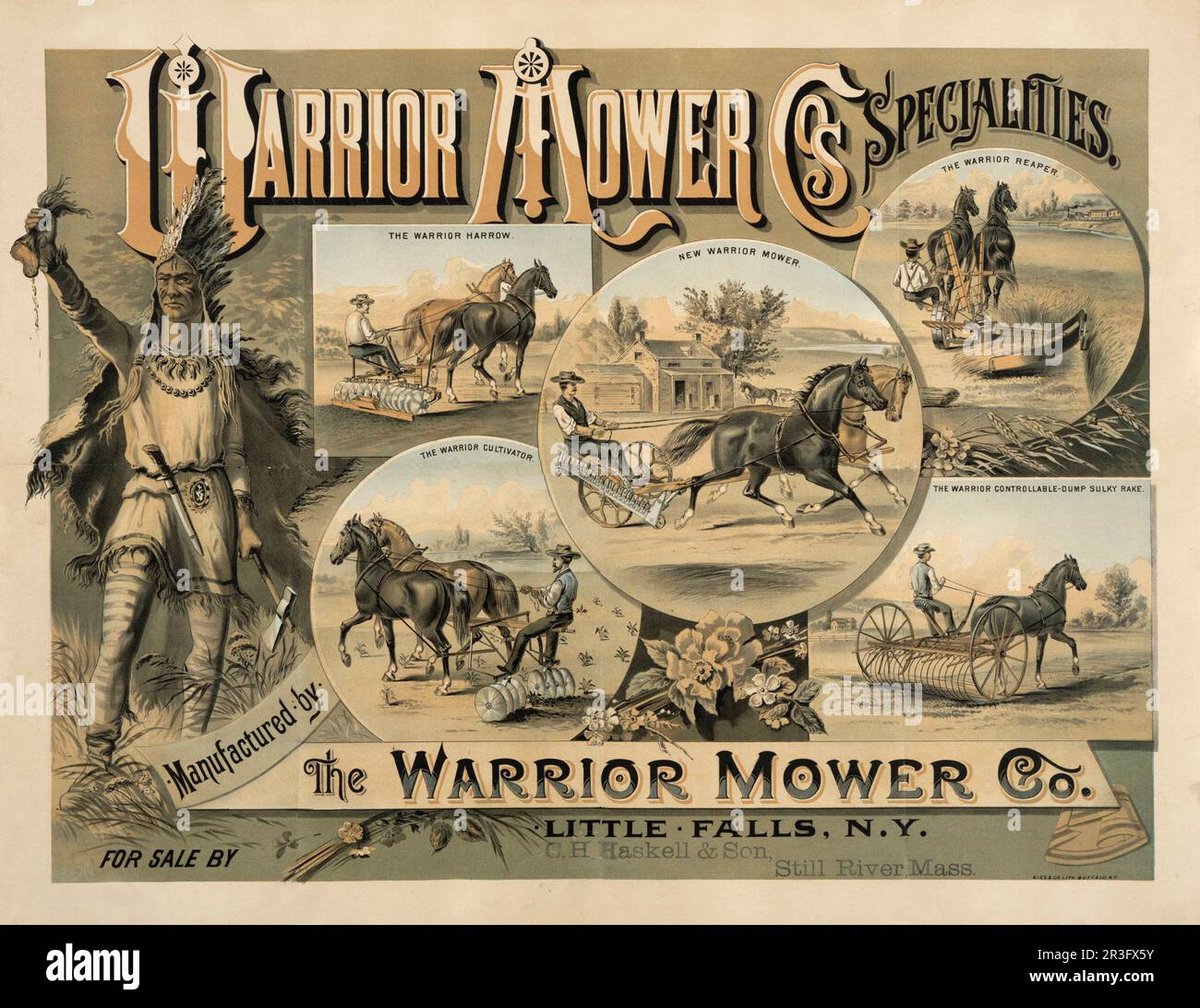 Oldtimer-Werbung für Landmaschinen, die von der Warrior Mower Company hergestellt werden. Stockfoto