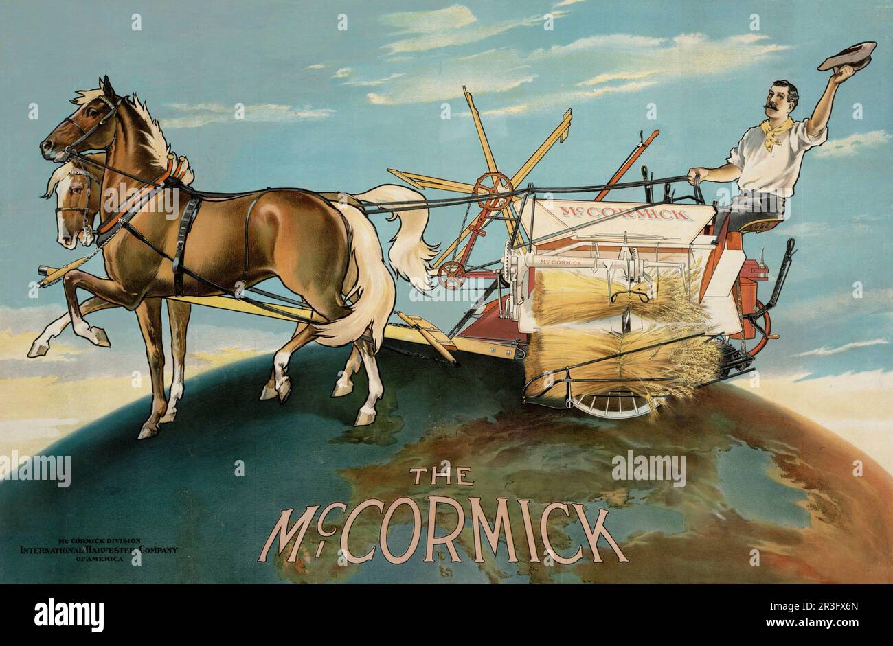 Vintage-Werbung für einen Landwirt, der landwirtschaftliche Maschinen für den Geschäftsbereich McCormick der International Harvester Company betreibt. Stockfoto