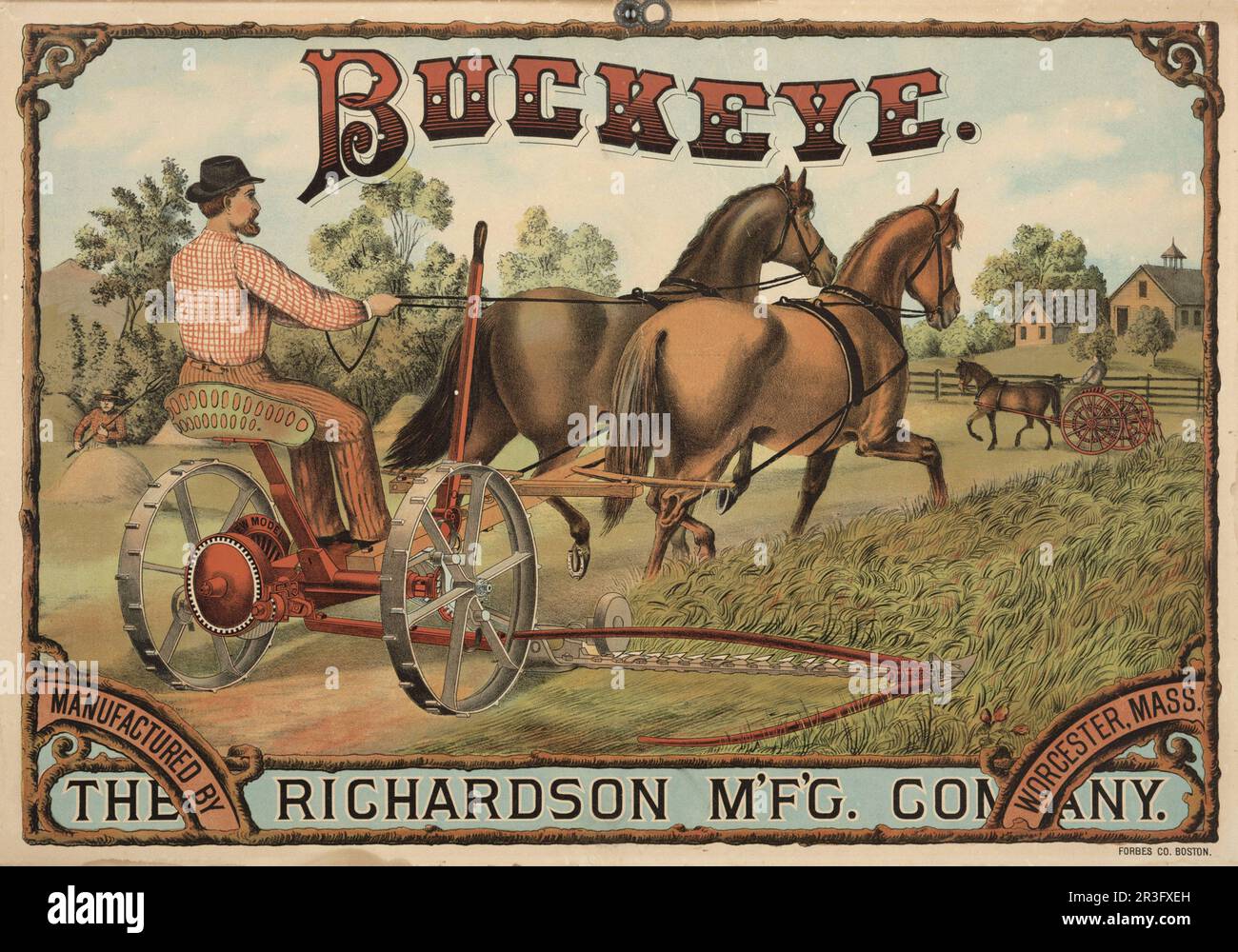 Vintage-Werbung für die Buckeye-Mähmaschine von Richardson Manufacturing Company. Stockfoto