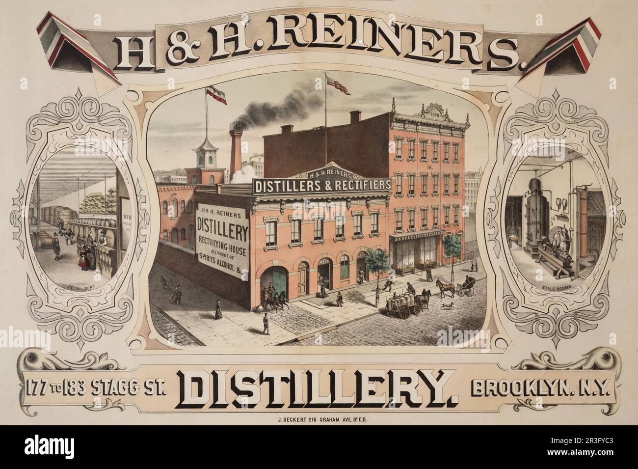 Vintage Print der H.& H. Reiners Destillery Buildings in Brooklyn, New York, ca. 1879. Stockfoto
