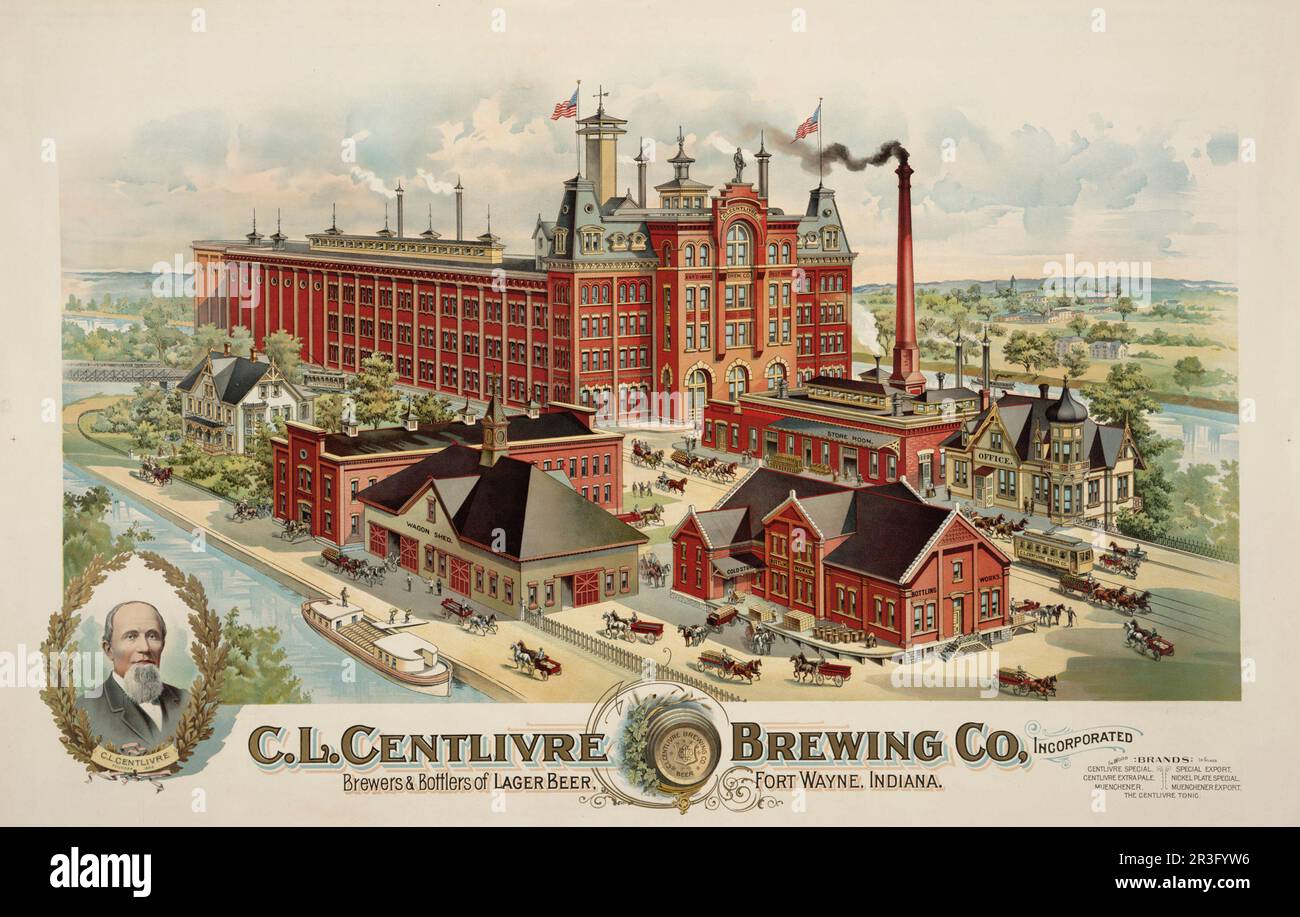 Vintage-Werbung für C.L. Fabrikgebäude der Centlivre Brewing Company. Stockfoto
