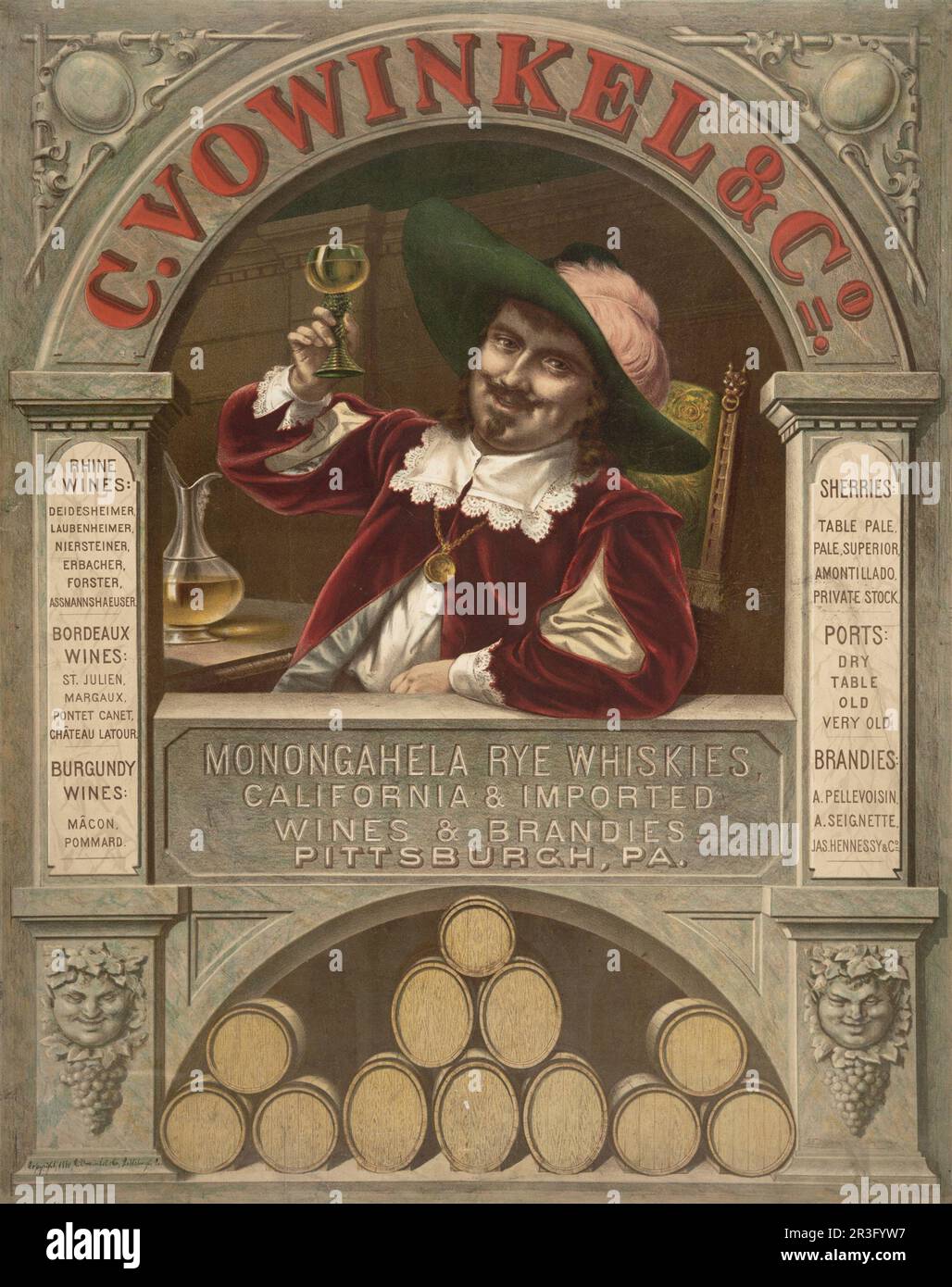 Vintage-Werbung für C. Vowinkel & Co Monongahela-Roggenwhiskys, importierte Weine und Brandies. Stockfoto