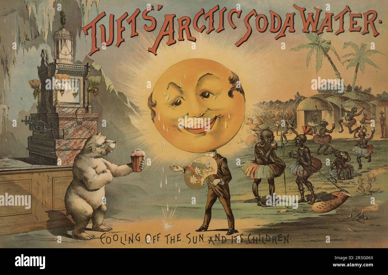 Oldtimer-Werbung für das arktische Soda-Wasser von Tufts; kühlt die Sonne und die Kinder ab. Stockfoto