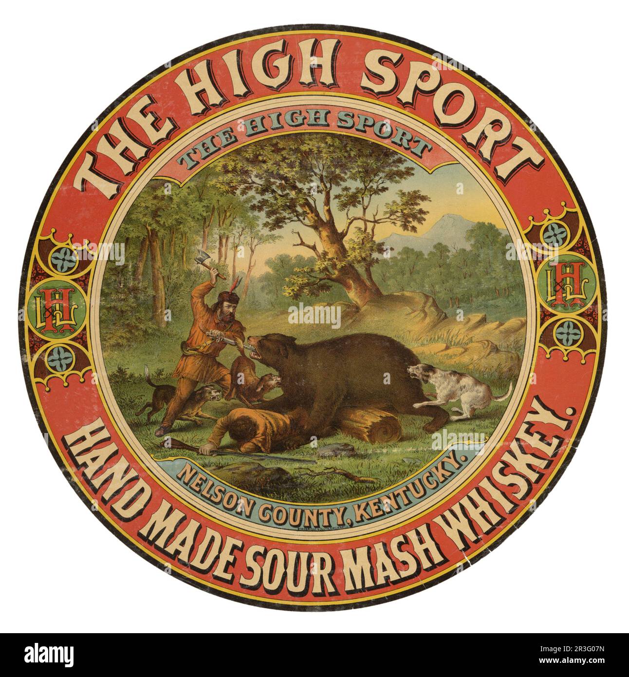 Vintage-Werbung für den handgemachten High Sport Sour Mash Whiskey. Stockfoto