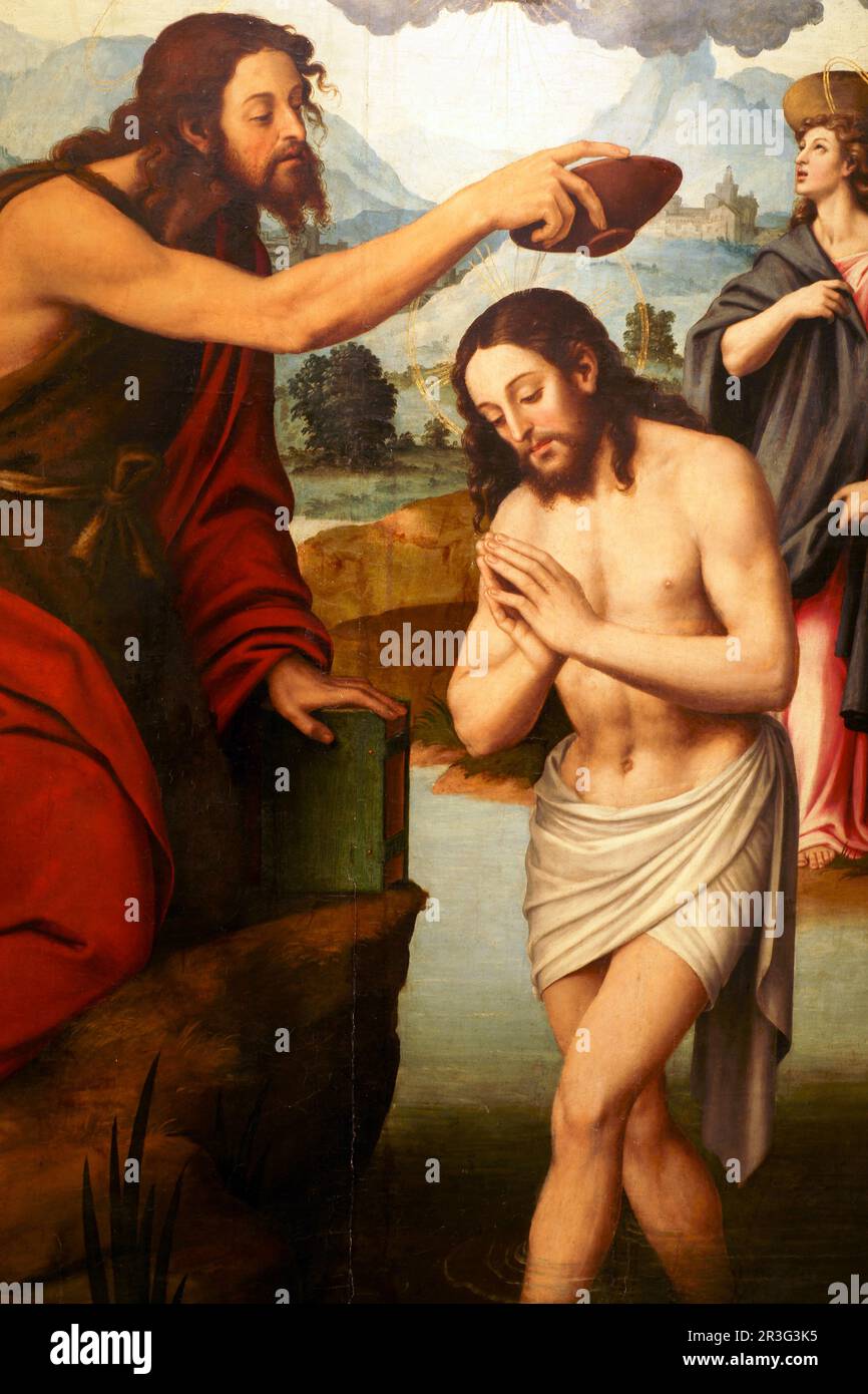 Bautismo de Jesús. c 1540-1545. Joan de Joanes (vicenç Macip). Óleo sobre Tabla. Museo Diocesano (Museu diocesà). Centro Historico. Palma. Mallorca Balearen. España. Stockfoto