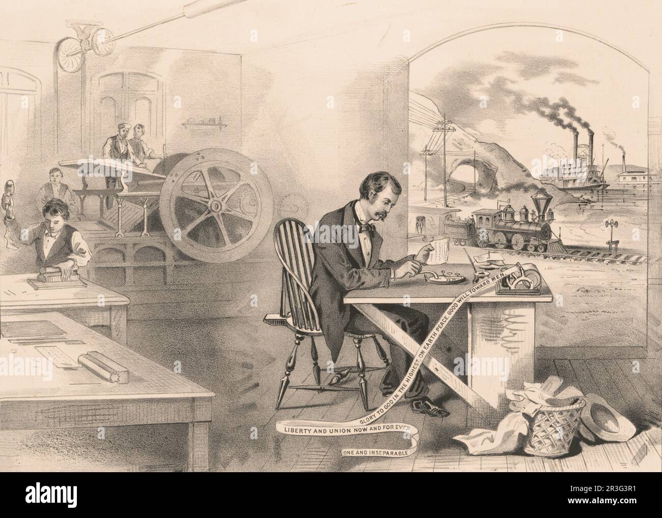 Der Fortschritt des Jahrhunderts. Die Dampfpresse, der Elektrische Telegraf, die Lokomotive und das Dampfschiff. Stockfoto