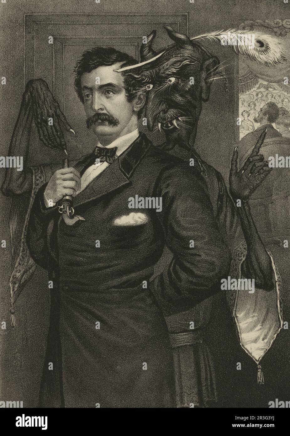 Klassische allegorische Illustration zeigt Satan, der John Wilkes Booth dazu verführt, Präsident Abraham Lincoln zu ermorden. Stockfoto