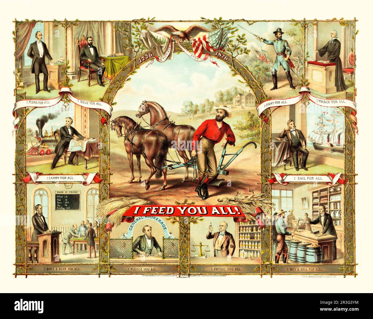 Vignetten rund um eine zentrale Vignette, inspiriert von der Granger-Bewegung, die die Bedeutung des Landwirts in der amerikanischen Gesellschaft betont. Stockfoto