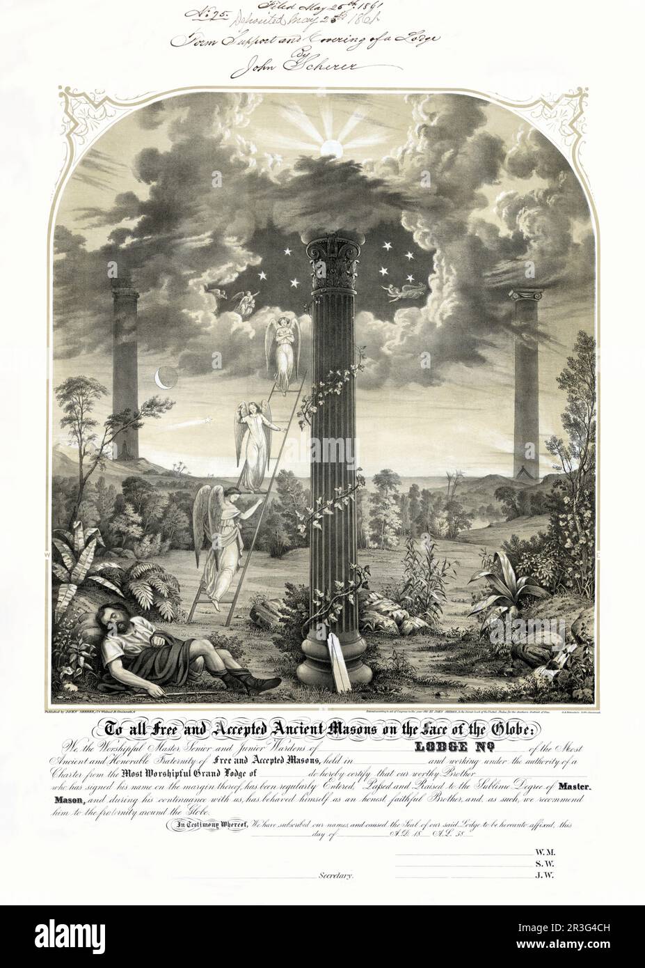 Freimaurer-Mitgliedschaftszertifikat. Ungefähr Am 25. Mai 1861. Stockfoto