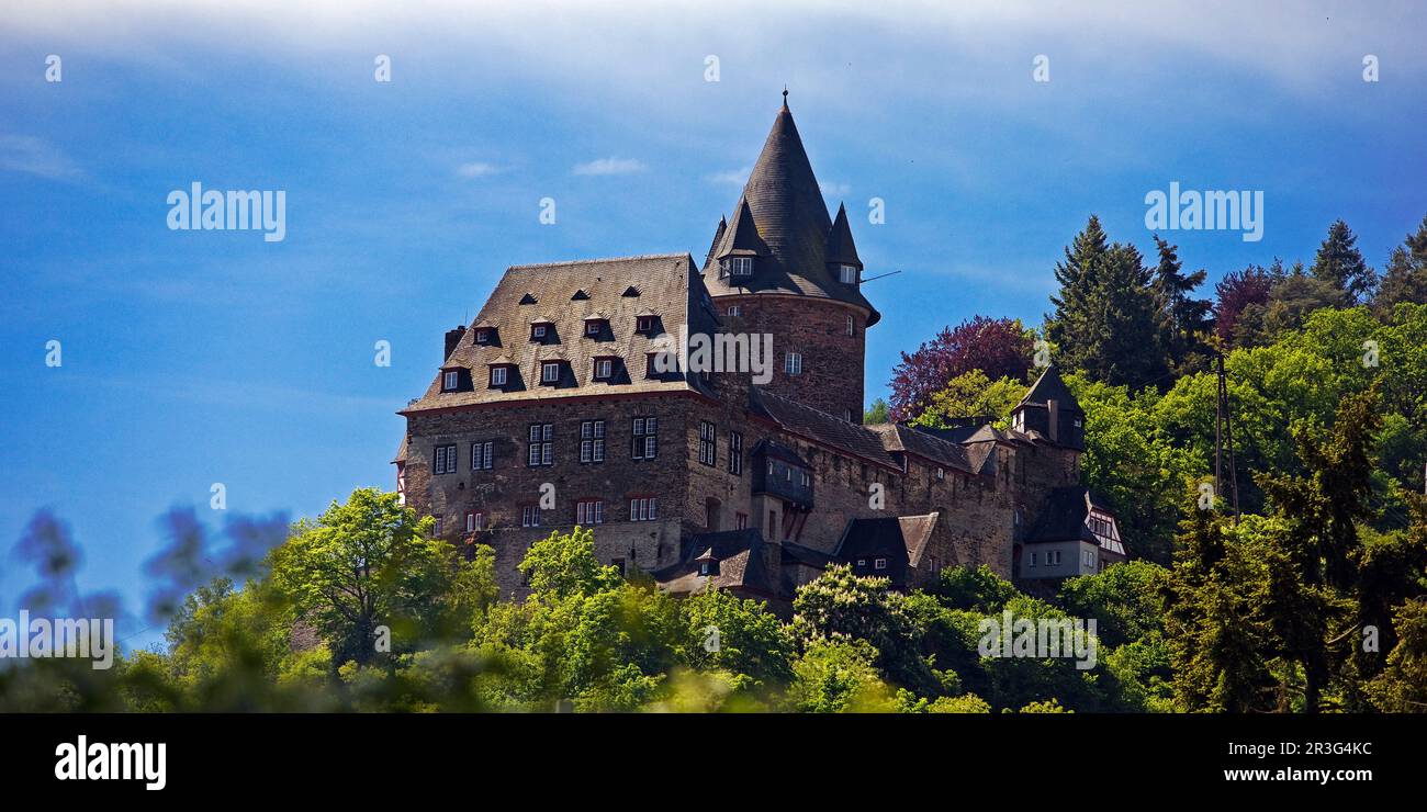 Schloss Stahleck, UNESCO-Weltkulturerbe und jetzt Jugendherberge, Bacharach, Deutschland, Europa Stockfoto