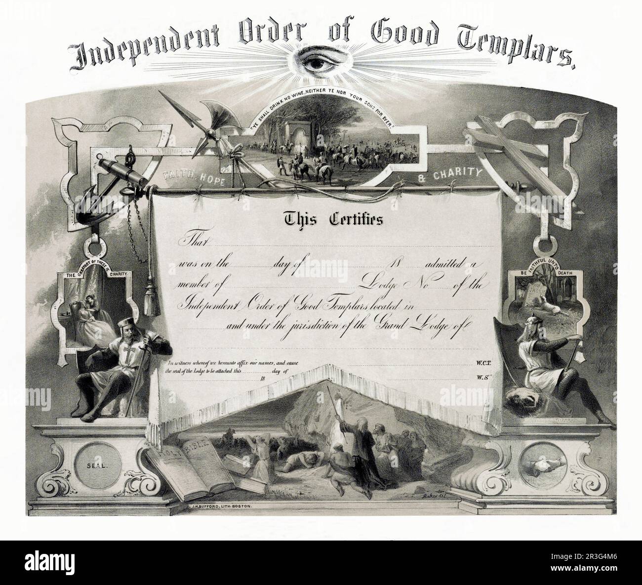 Druck zeigt ein bebildertes Zertifikat für den unabhängigen Orden guter Templer. Stockfoto