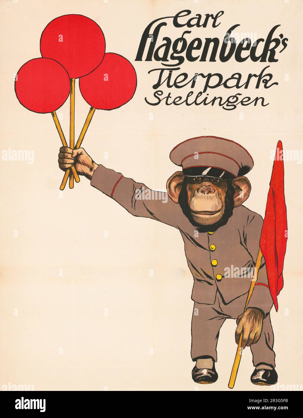 Ein klassisches Zirkusposter, auf dem ein Affe Ballons hält. Stockfoto