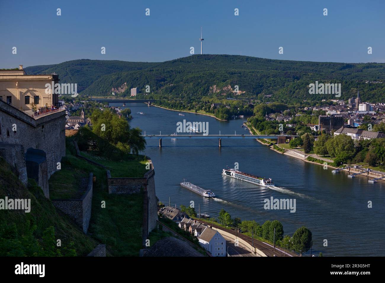 Blick auf den Rhein von der Festung Ehrenbreitstein, Koblenz, Rheinland-Pfalz, Deutschland, Europa Stockfoto